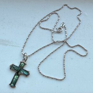 Abalone Inlay on Silver Cross Pendant on Silver Chain